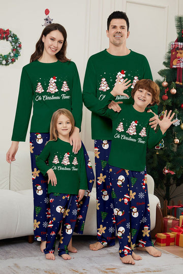 Vert bleu arbre imprimé à manches longues Noël famille pyjama assorti